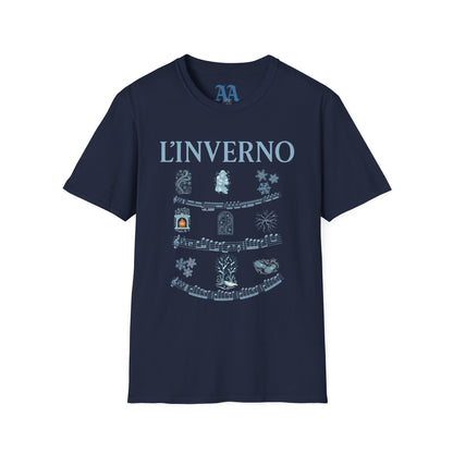 Vivaldi Winter T Shirt with musical excerpts and images depicting the season T Shirt__Navy__hanging