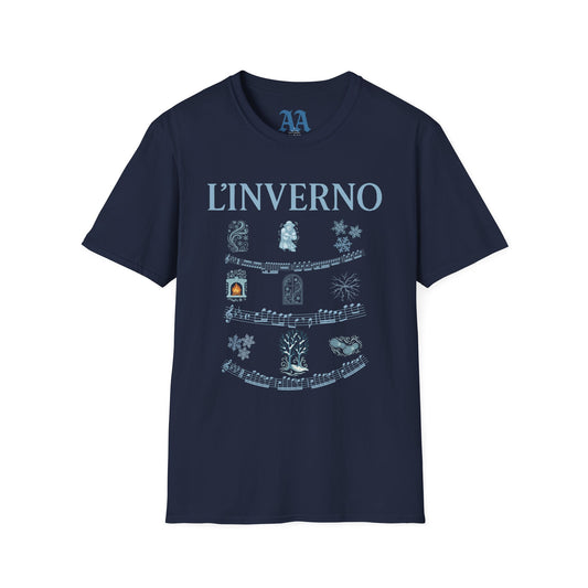 Vivaldi Winter T Shirt with musical excerpts and images depicting the season T Shirt__Navy__hanging