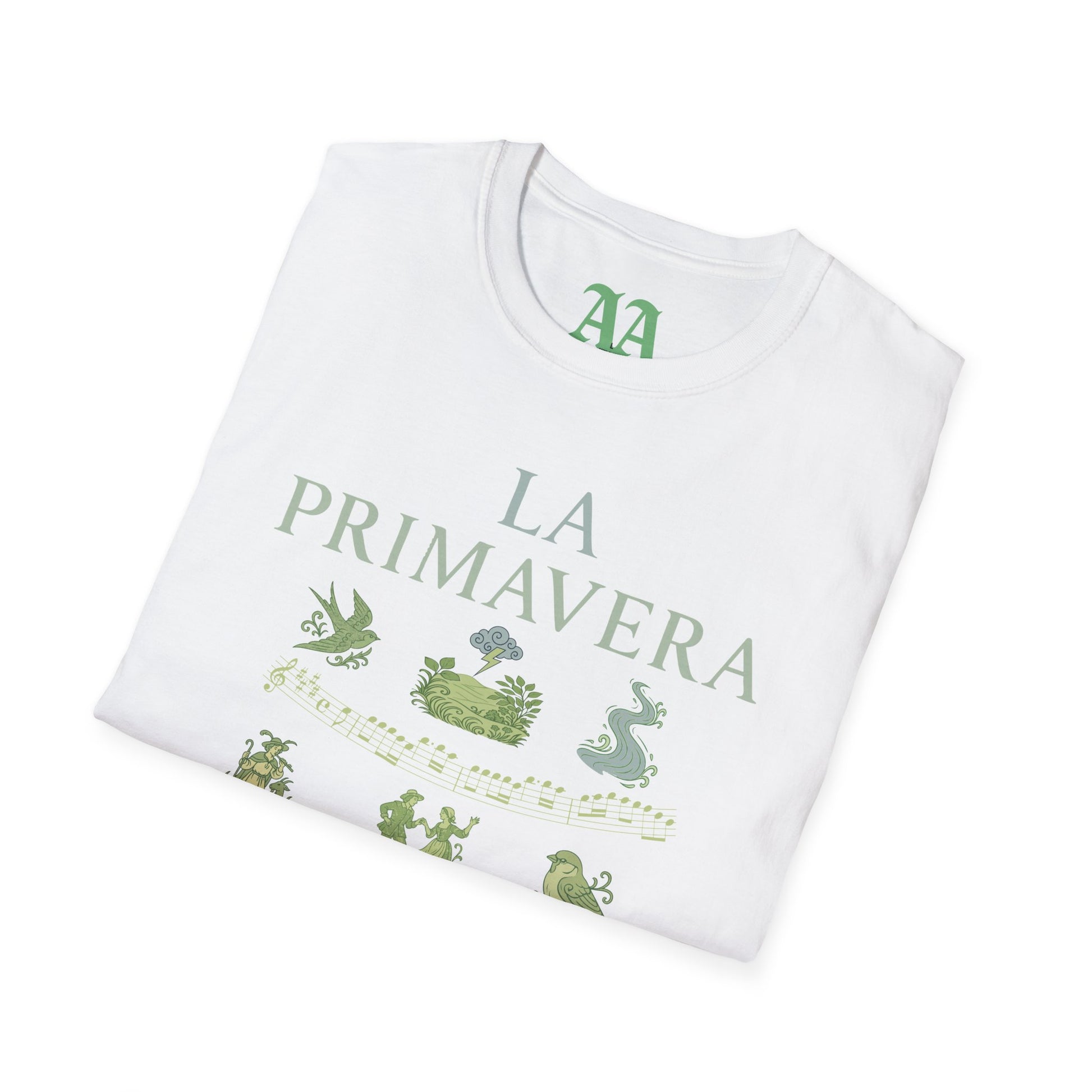 Vivaldi Spring T Shirt with musical excerpts and images depicting the season T Shirt__White__folded