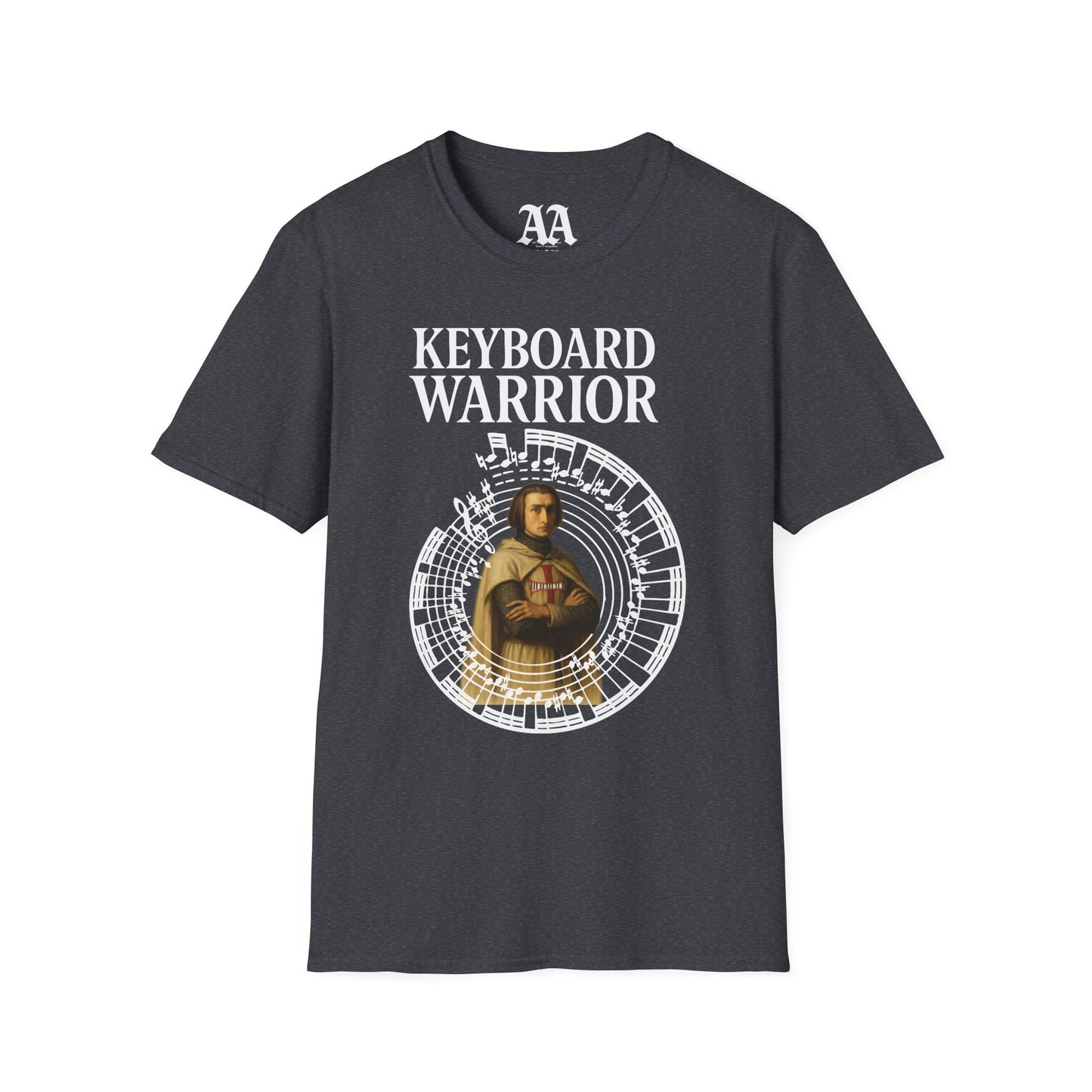 Franz Liszt Keyboard Warrior dressed as a Knights Templar circled by excerpt from his Mephisto Waltz number 1 T Shirt__Dark Heather Grey__hanging
