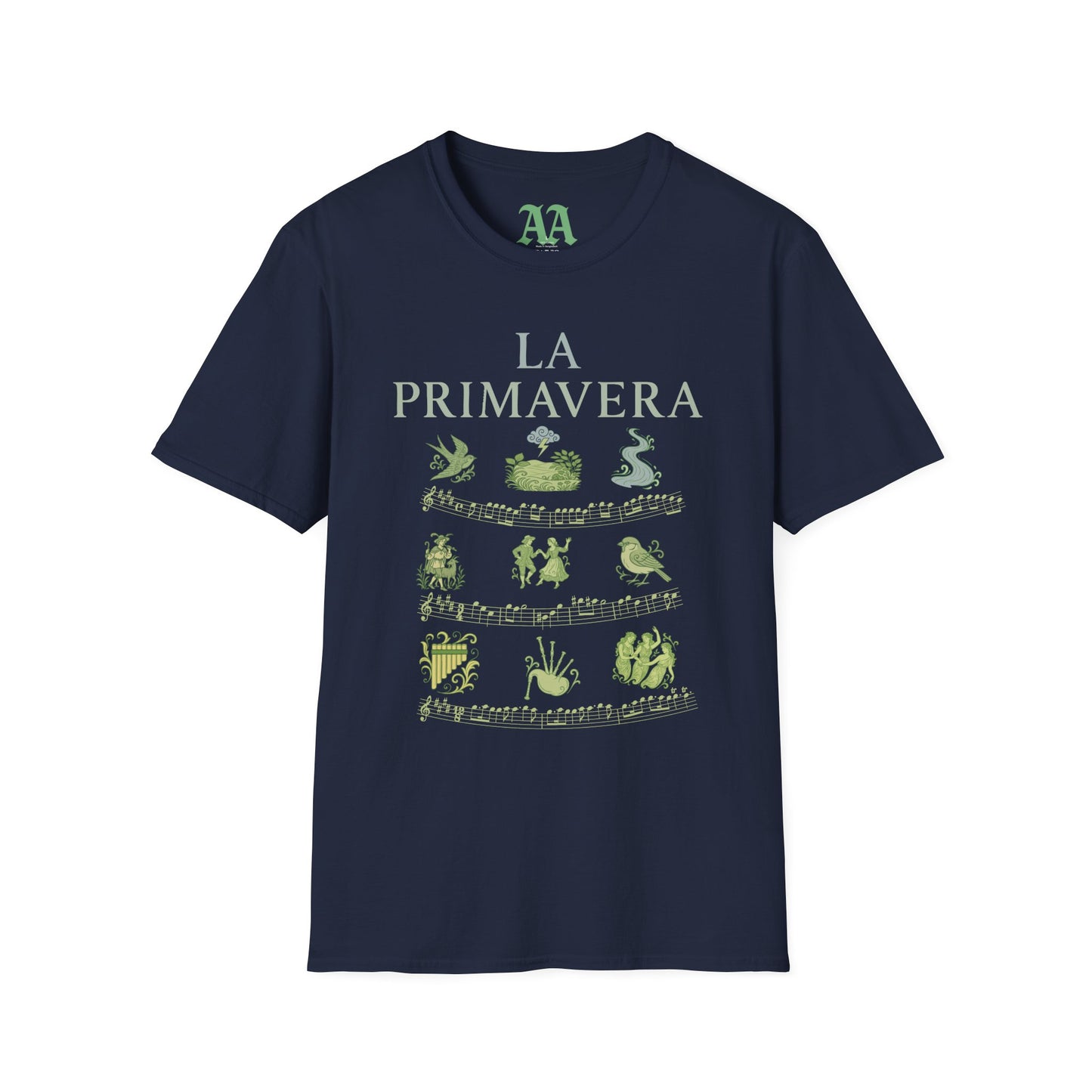 Vivaldi Spring T Shirt with musical excerpts and images depicting the season T Shirt__Navy__hanging