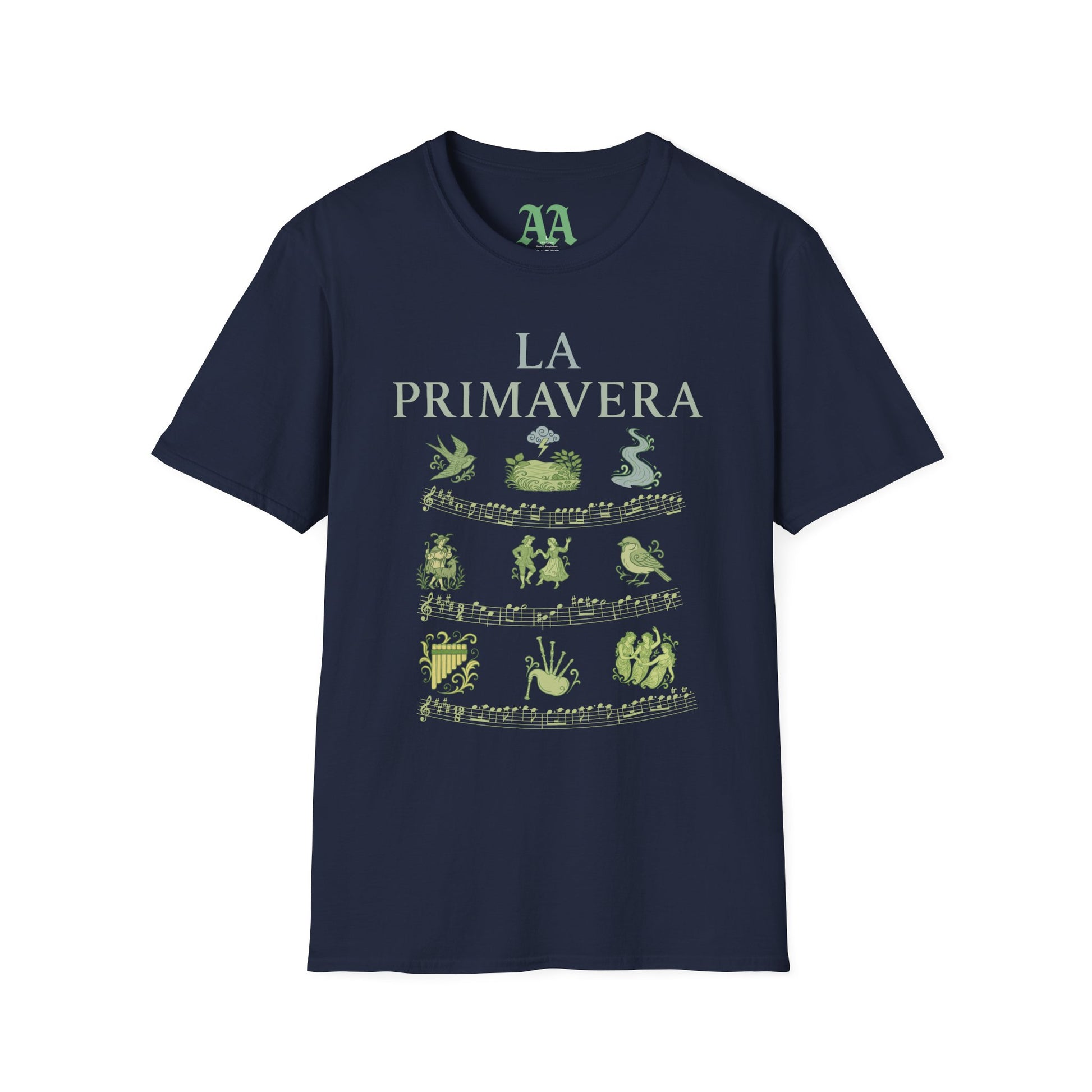 Vivaldi Spring T Shirt with musical excerpts and images depicting the season T Shirt__Navy__hanging