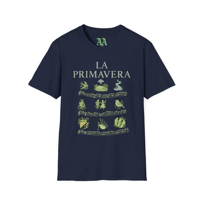 Vivaldi Spring T Shirt with musical excerpts and images depicting the season T Shirt__Navy__hanging