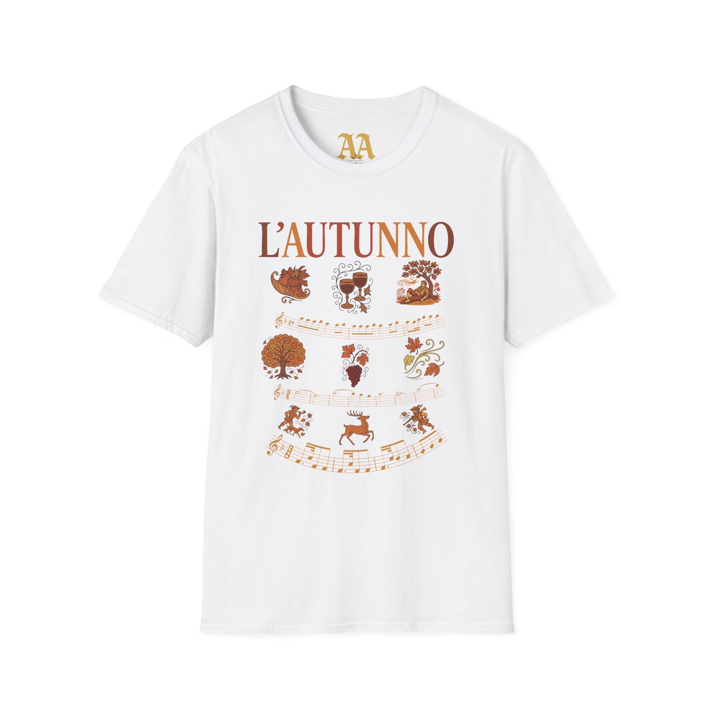 Vivaldi Autumn T Shirt with musical excerpts and images depicting the season T Shirt__White__hanging