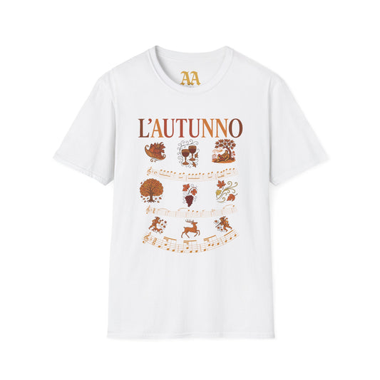 Vivaldi Autumn T Shirt with musical excerpts and images depicting the season T Shirt__White__hanging