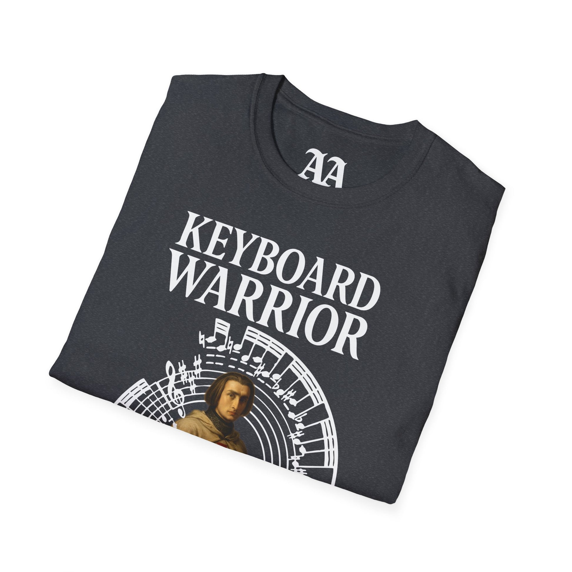 Franz Liszt Keyboard Warrior dressed as a Knights Templar circled by excerpt from his Mephisto Waltz number 1 T Shirt__Dark Heather Grey__folded