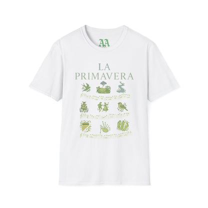 Vivaldi Spring T Shirt with musical excerpts and images depicting the season T Shirt__White__hanging