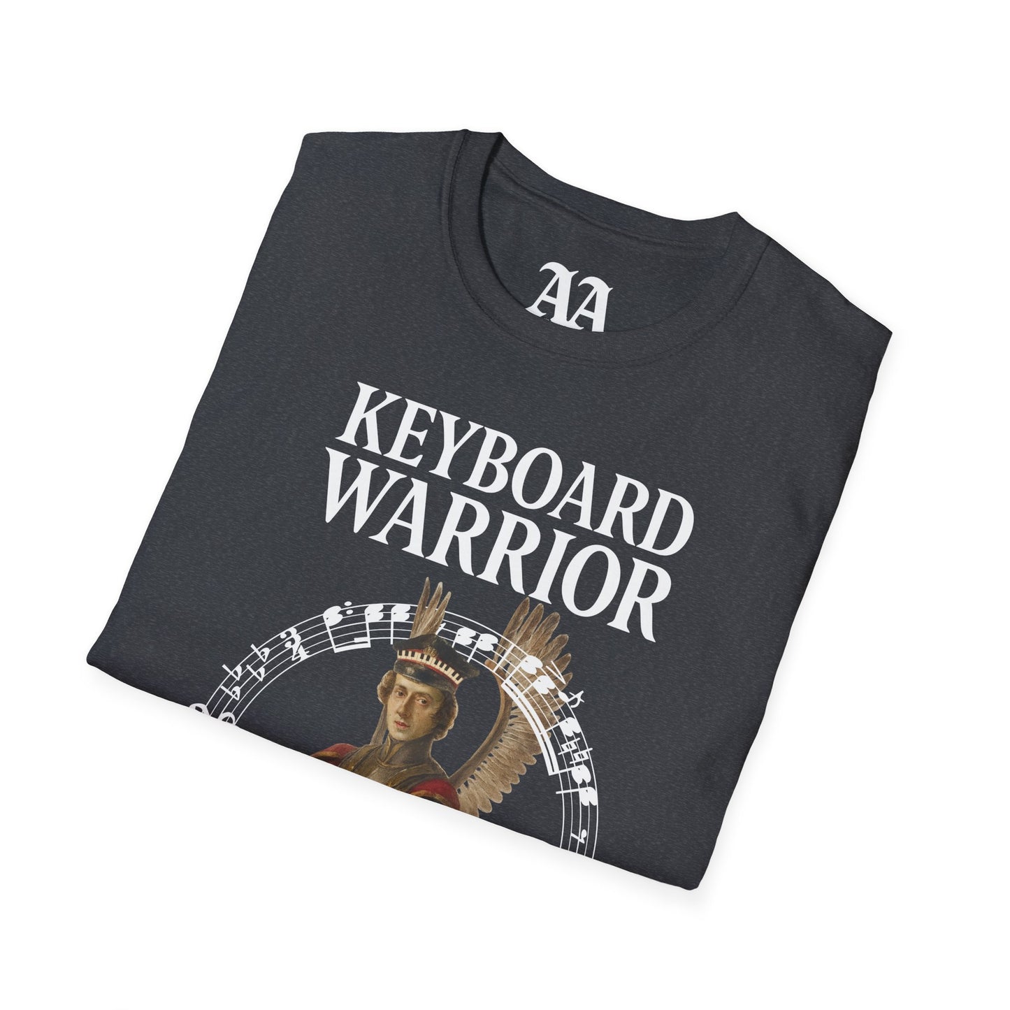 Chopin dressed as a winged hussar labelled keyboard warrior with excerpt from his A-flat polonaise T Shirt__Dark Heather Grey__folded
