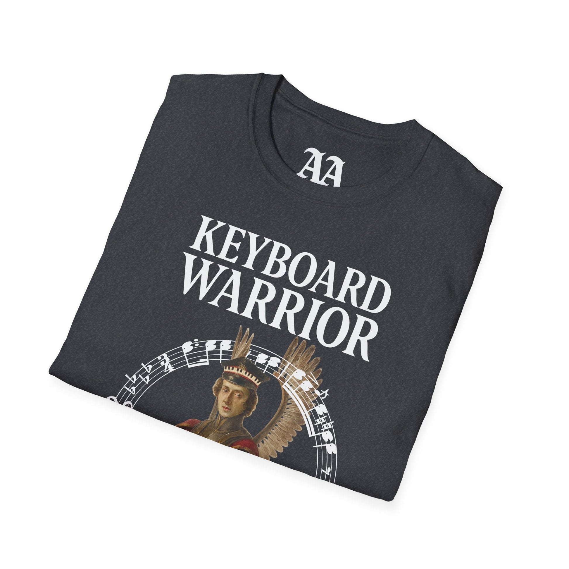Chopin dressed as a winged hussar labelled keyboard warrior with excerpt from his A-flat polonaise T Shirt__Dark Heather Grey__folded