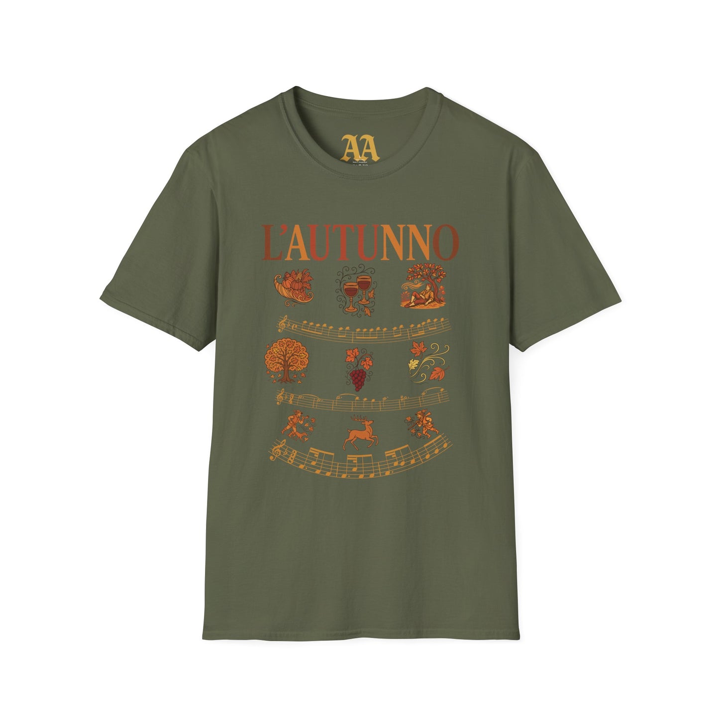Vivaldi Autumn T Shirt with musical excerpts and images depicting the season T Shirt__Military Green__hanging