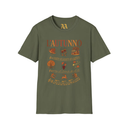 Vivaldi Autumn T Shirt with musical excerpts and images depicting the season T Shirt__Military Green__hanging