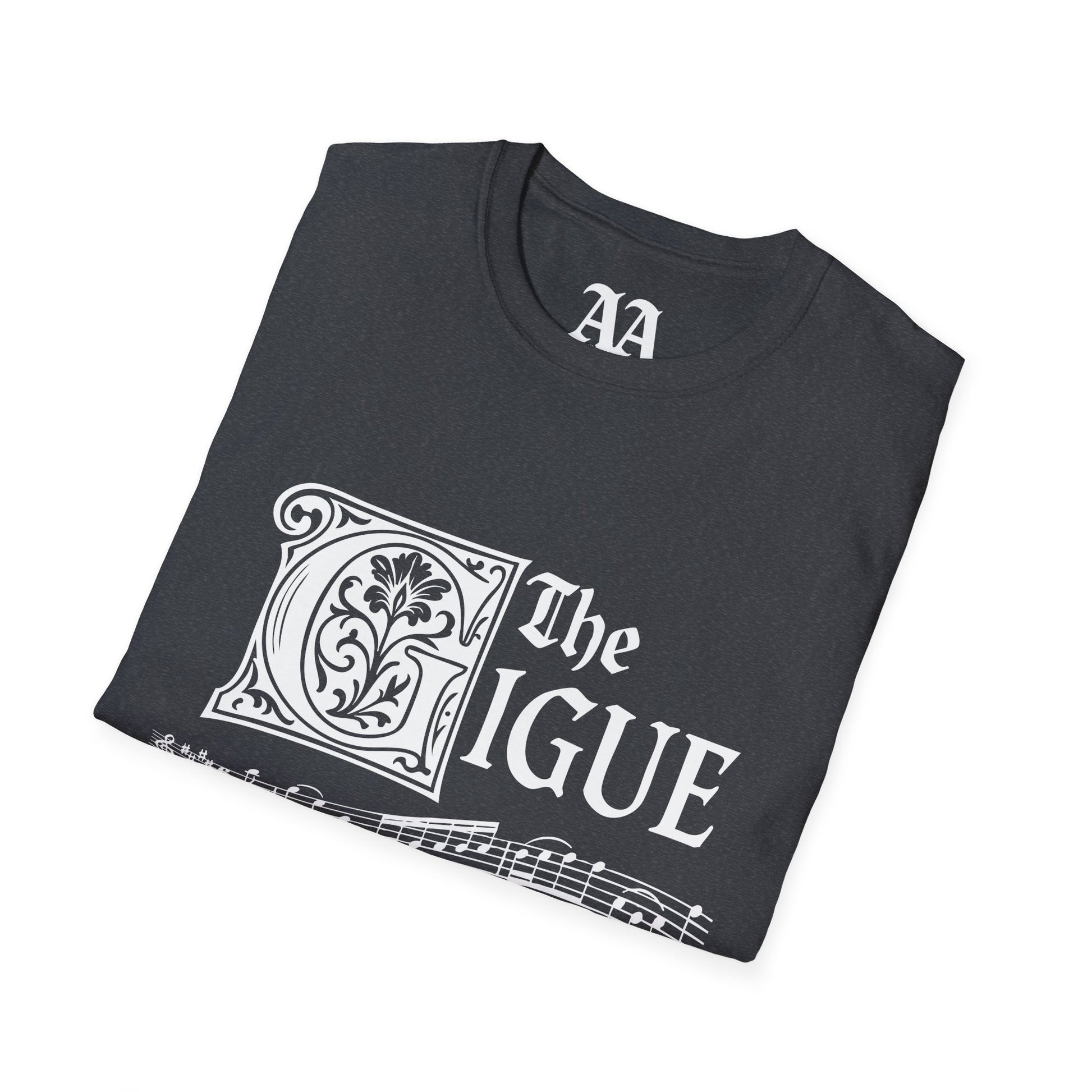 Music pun Gigue is up Bach Partita T Shirt__Dark Heather Grey__folded