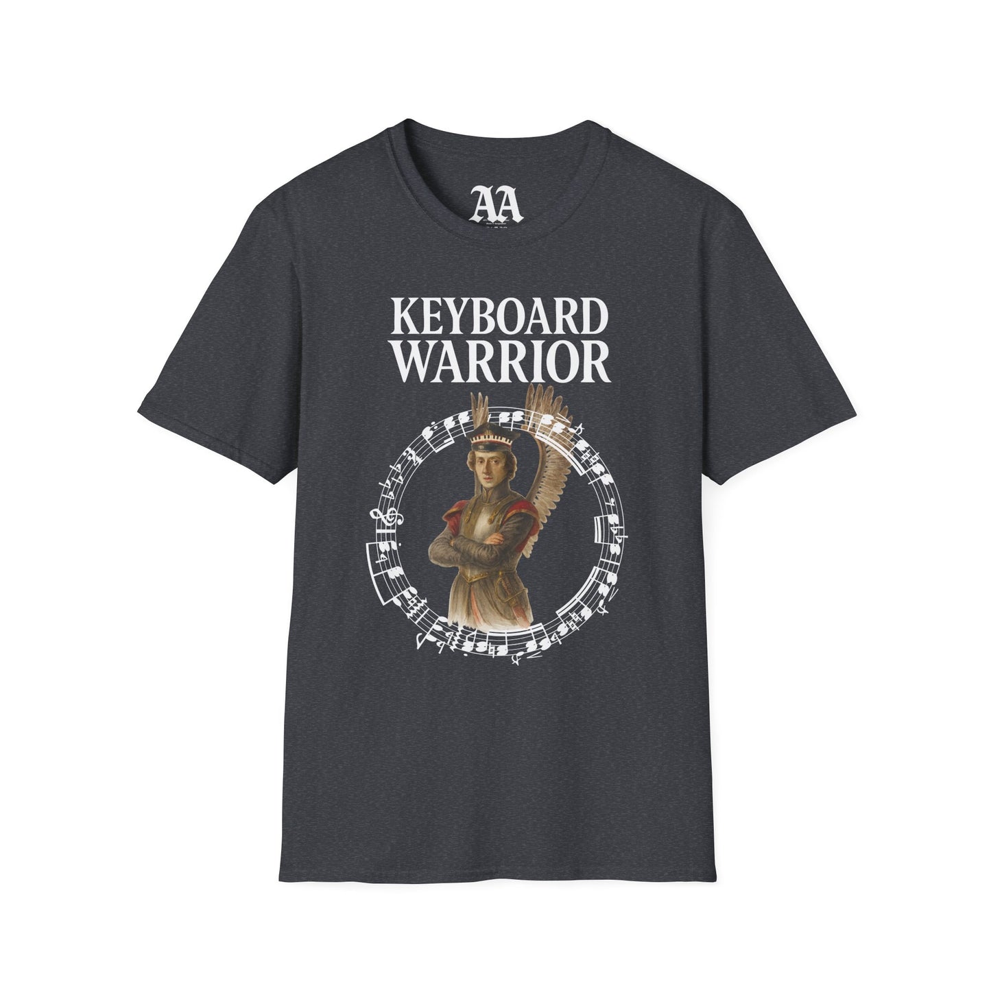 Chopin dressed as a winged hussar labelled keyboard warrior with excerpt from his A-flat polonaise T Shirt__Dark Heather Grey__hanging