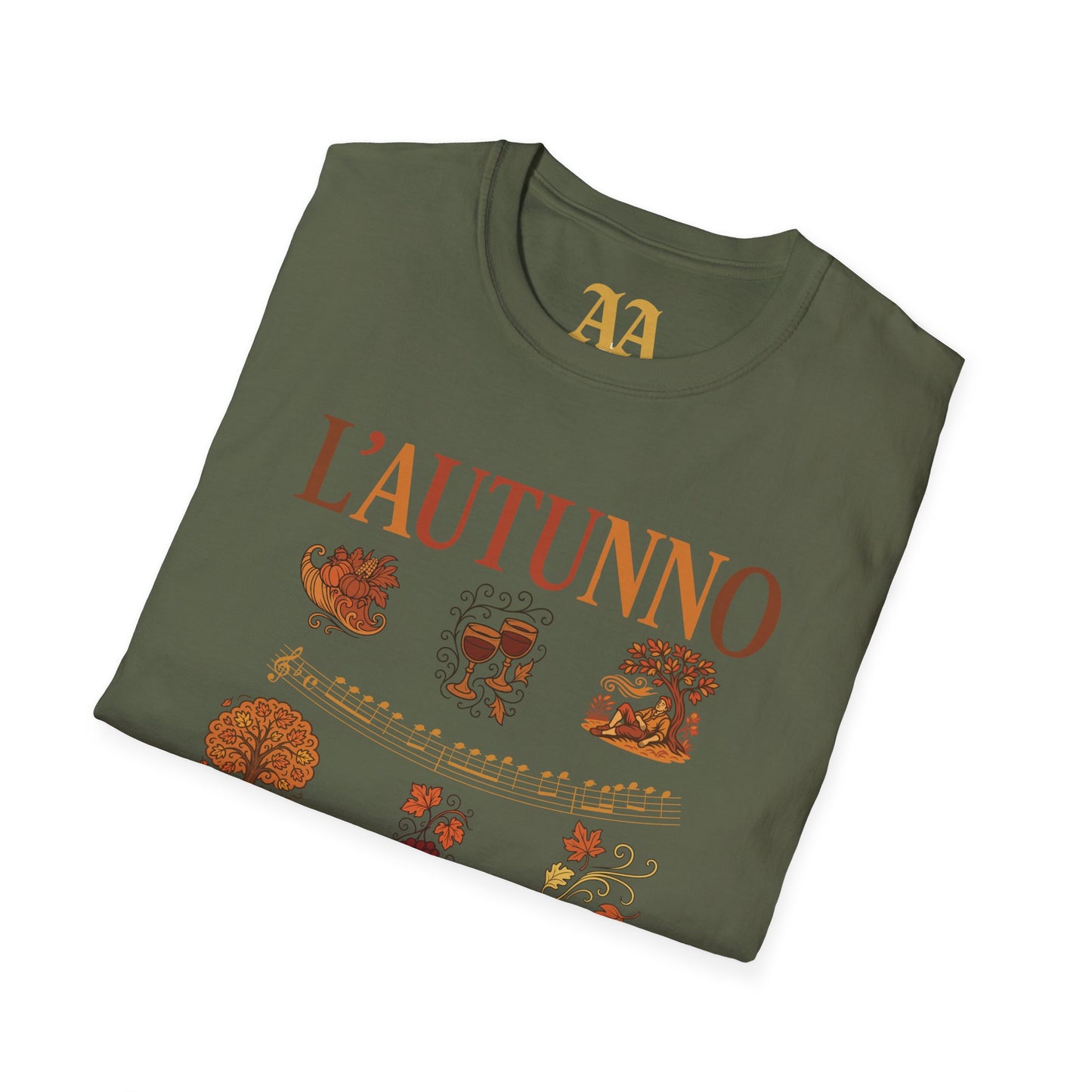 Vivaldi Autumn T Shirt with musical excerpts and images depicting the season T Shirt__Military Green__folded