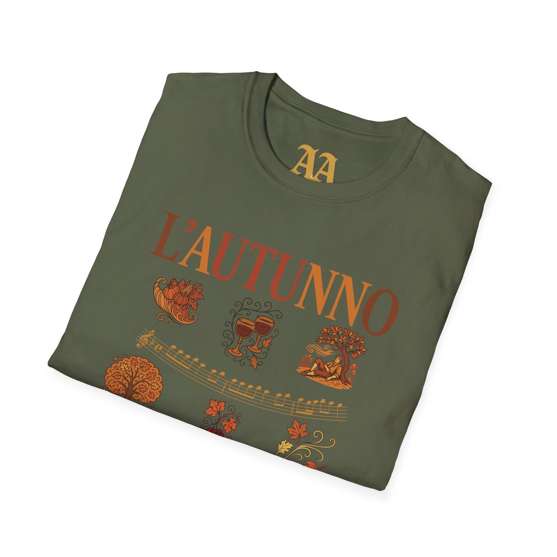 Vivaldi Autumn T Shirt with musical excerpts and images depicting the season T Shirt__Military Green__folded