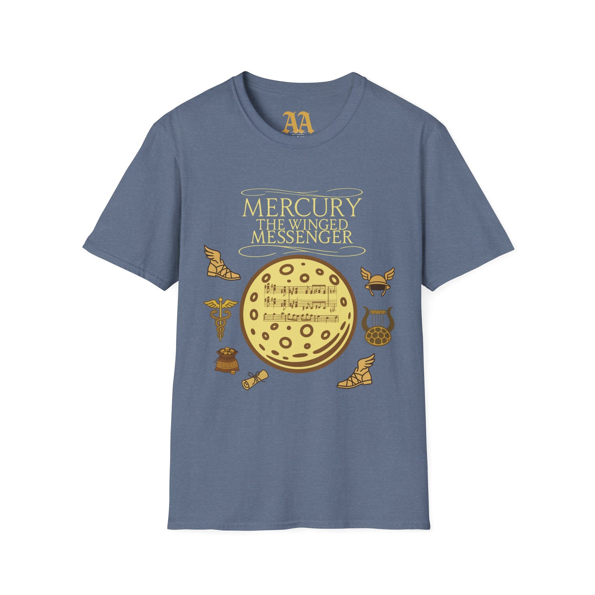 Holst Mercury sheet music astrological symbols T Shirt__Heather Indigo__hanging