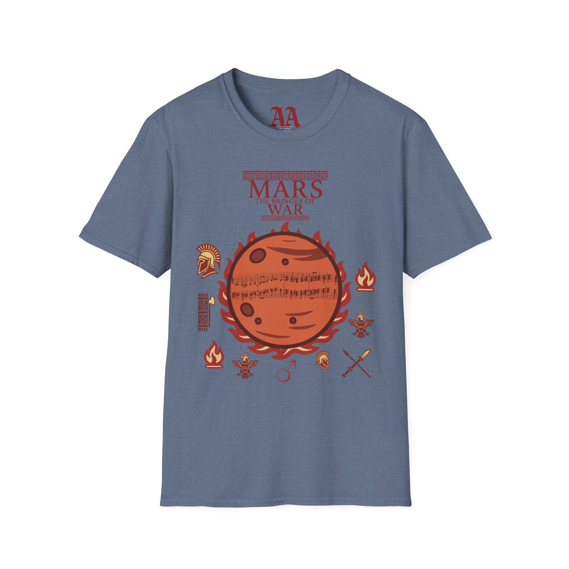 Holst Mars sheet music astrological symbols T Shirt__Heather Indigo__hanging