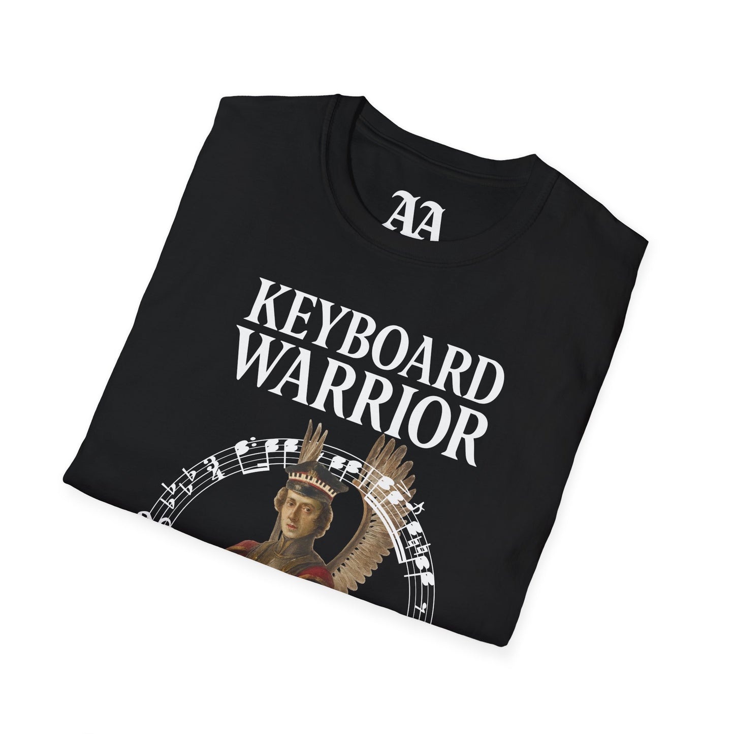 Chopin dressed as a winged hussar labelled keyboard warrior with excerpt from his A-flat polonaise T Shirt__Black__folded