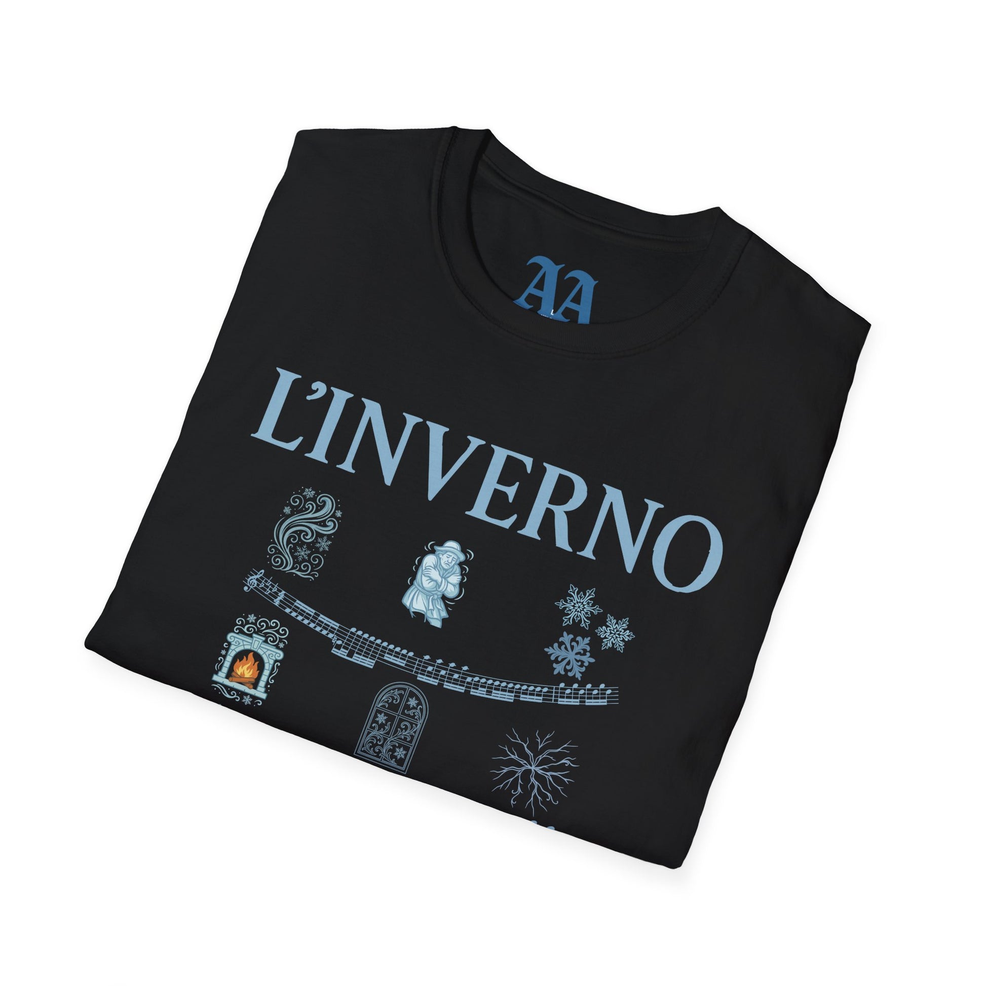 Vivaldi Winter T Shirt with musical excerpts and images depicting the season T Shirt__Black__folded