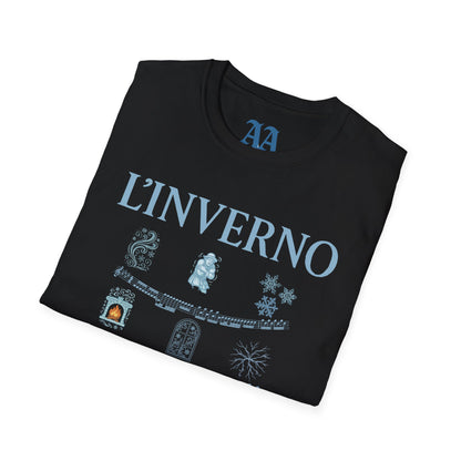 Vivaldi Winter T Shirt with musical excerpts and images depicting the season T Shirt__Black__folded