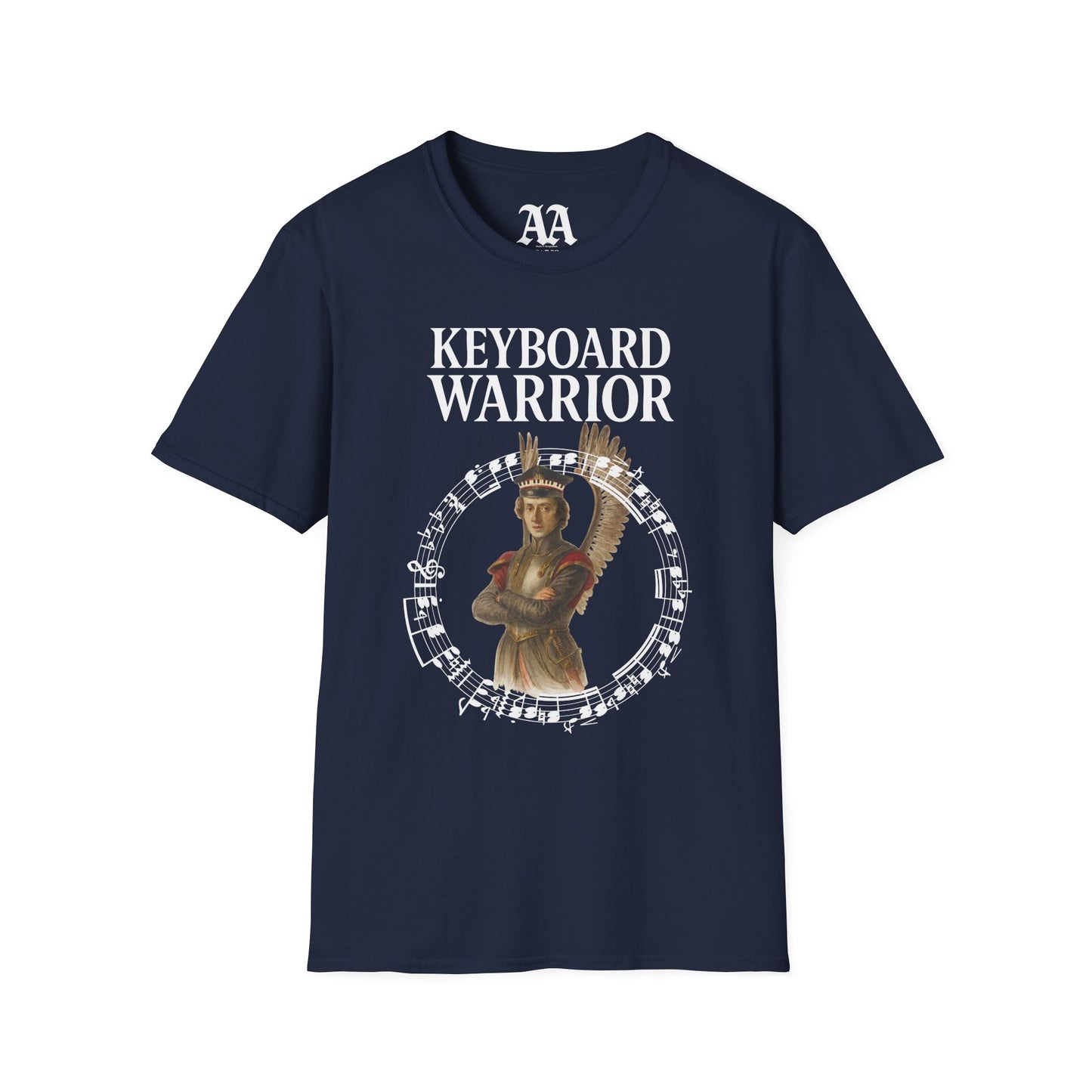 Chopin dressed as a winged hussar labelled keyboard warrior with excerpt from his A-flat polonaise T Shirt__Navy__hanging