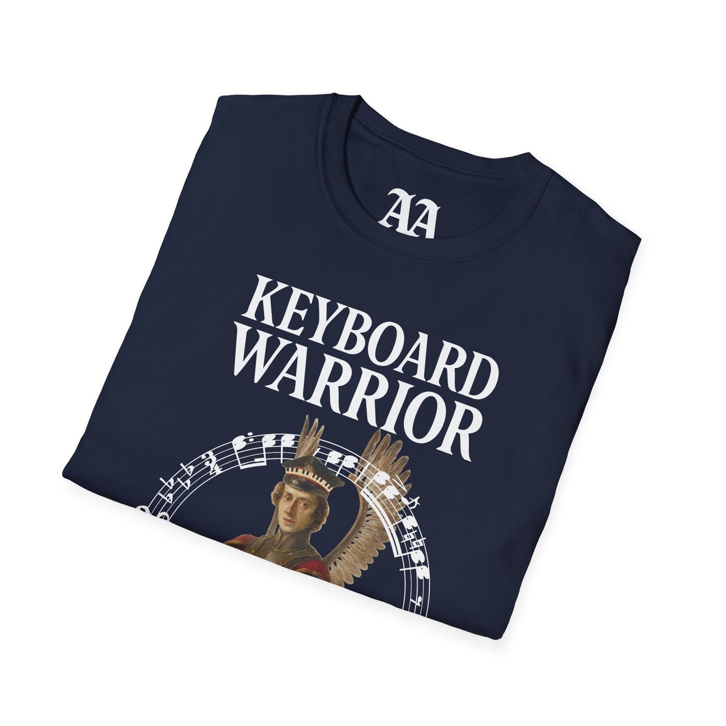 Chopin dressed as a winged hussar labelled keyboard warrior with excerpt from his A-flat polonaise T Shirt__Navy__folded