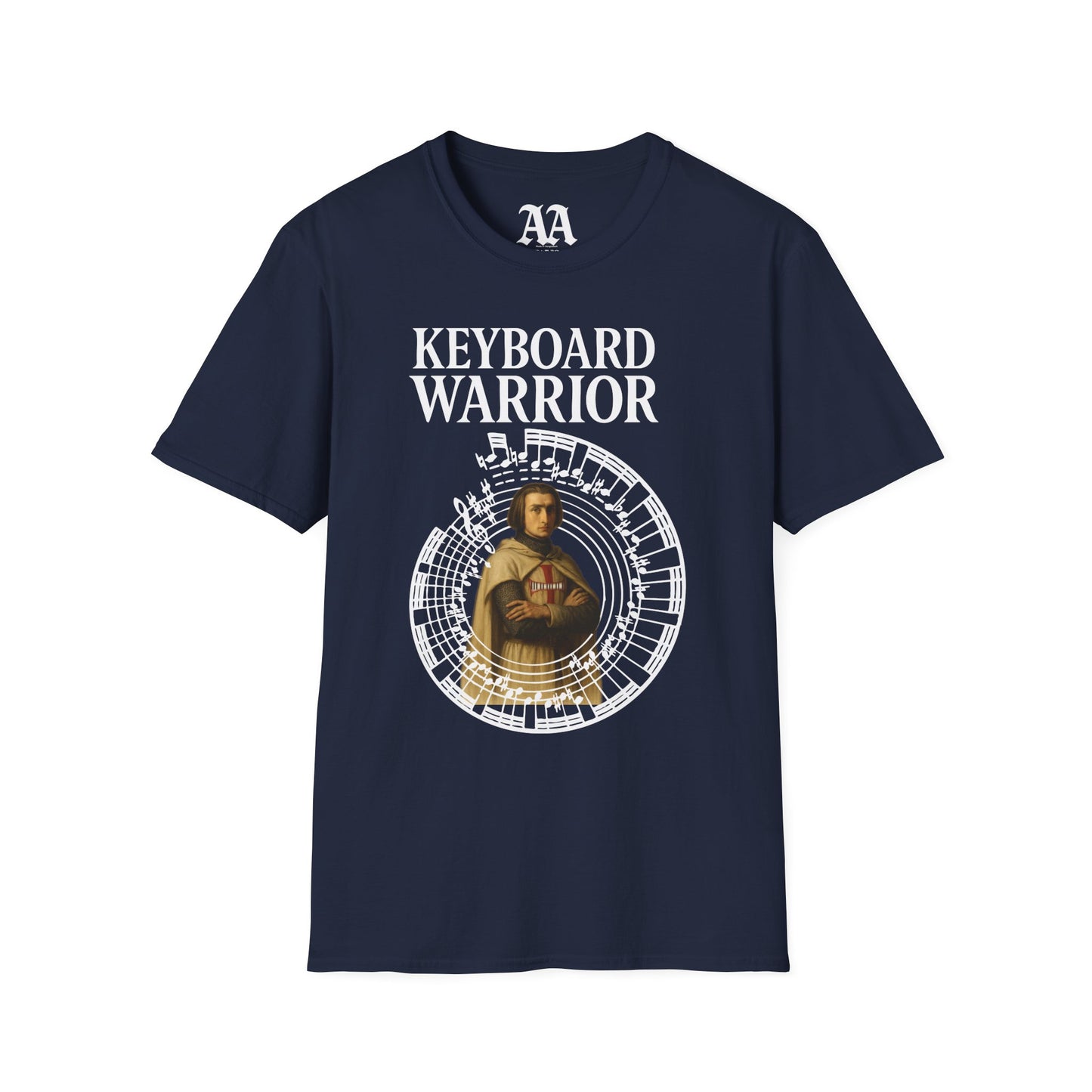 Franz Liszt Keyboard Warrior dressed as a Knights Templar circled by excerpt from his Mephisto Waltz number 1 T Shirt__Navy__hanging