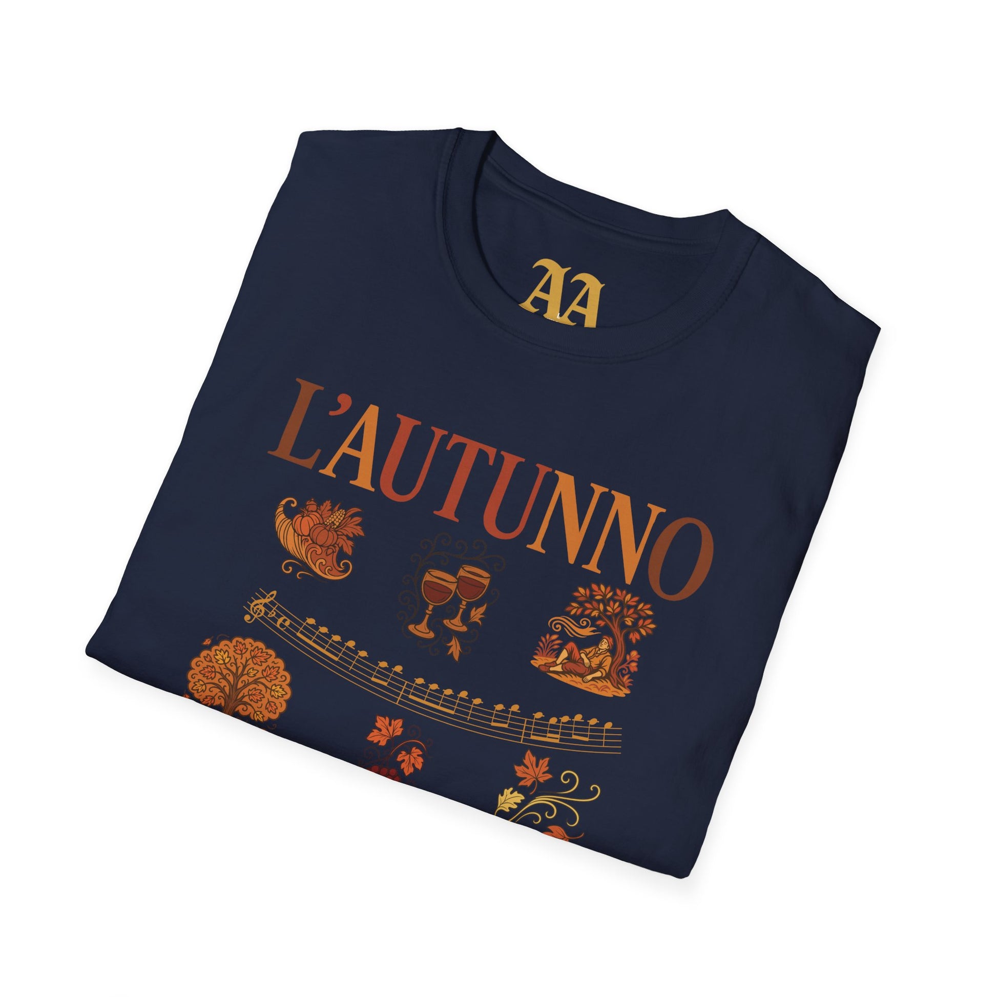 Vivaldi Autumn T Shirt with musical excerpts and images depicting the season T Shirt__Navy__folded