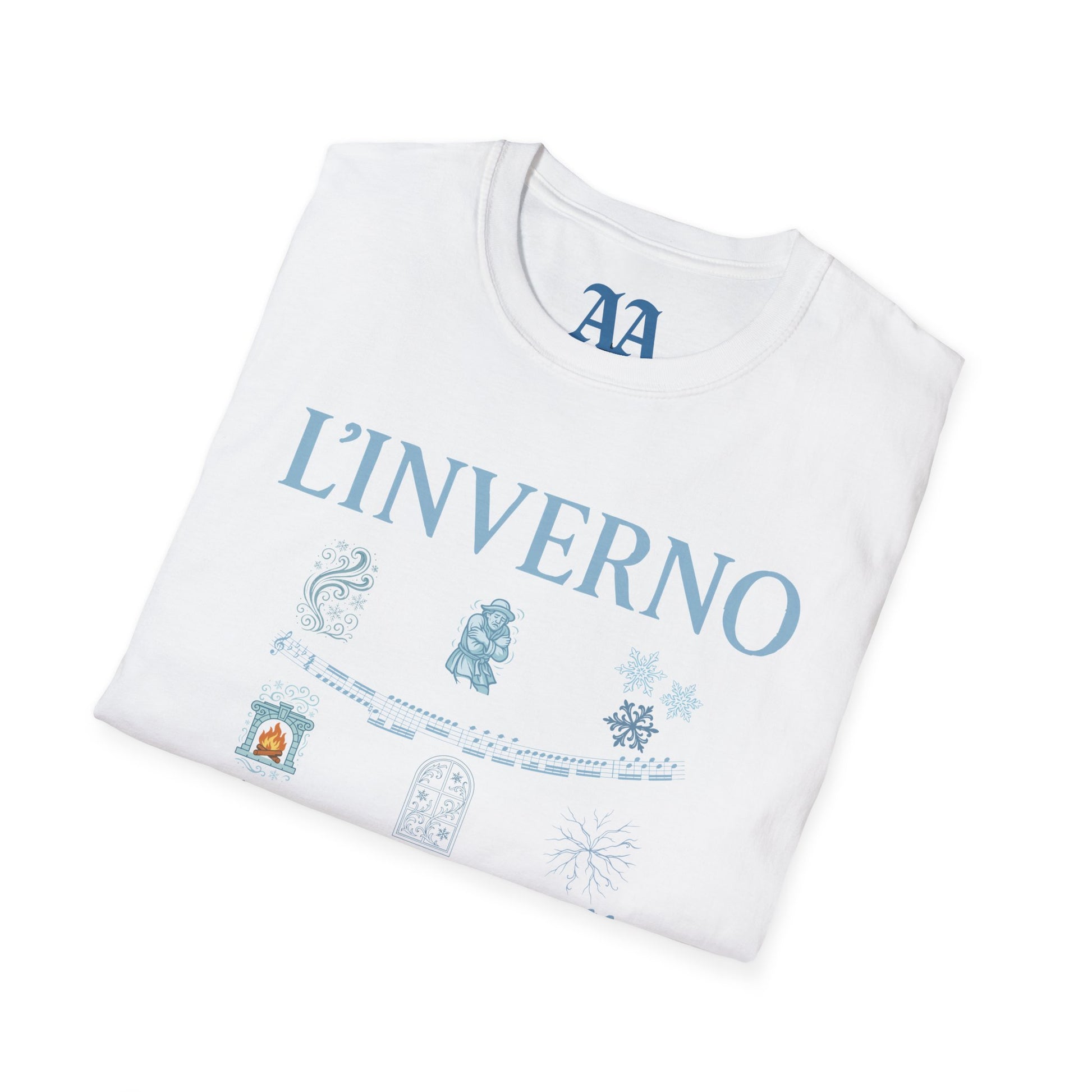 Vivaldi Winter T Shirt with musical excerpts and images depicting the season T Shirt__White__folded