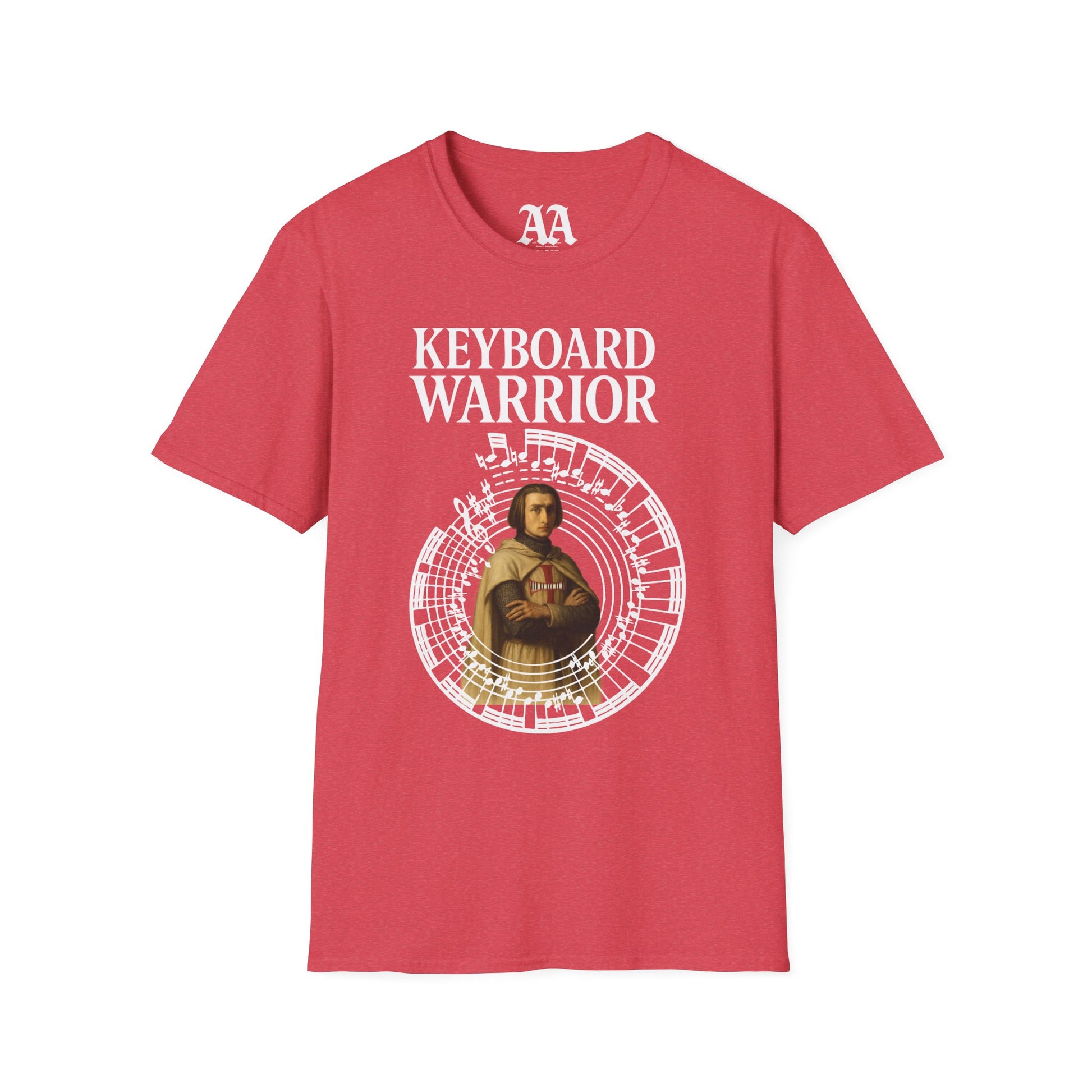 Franz Liszt Keyboard Warrior dressed as a Knights Templar circled by excerpt from his Mephisto Waltz number 1 T Shirt__Heather Red__hanging