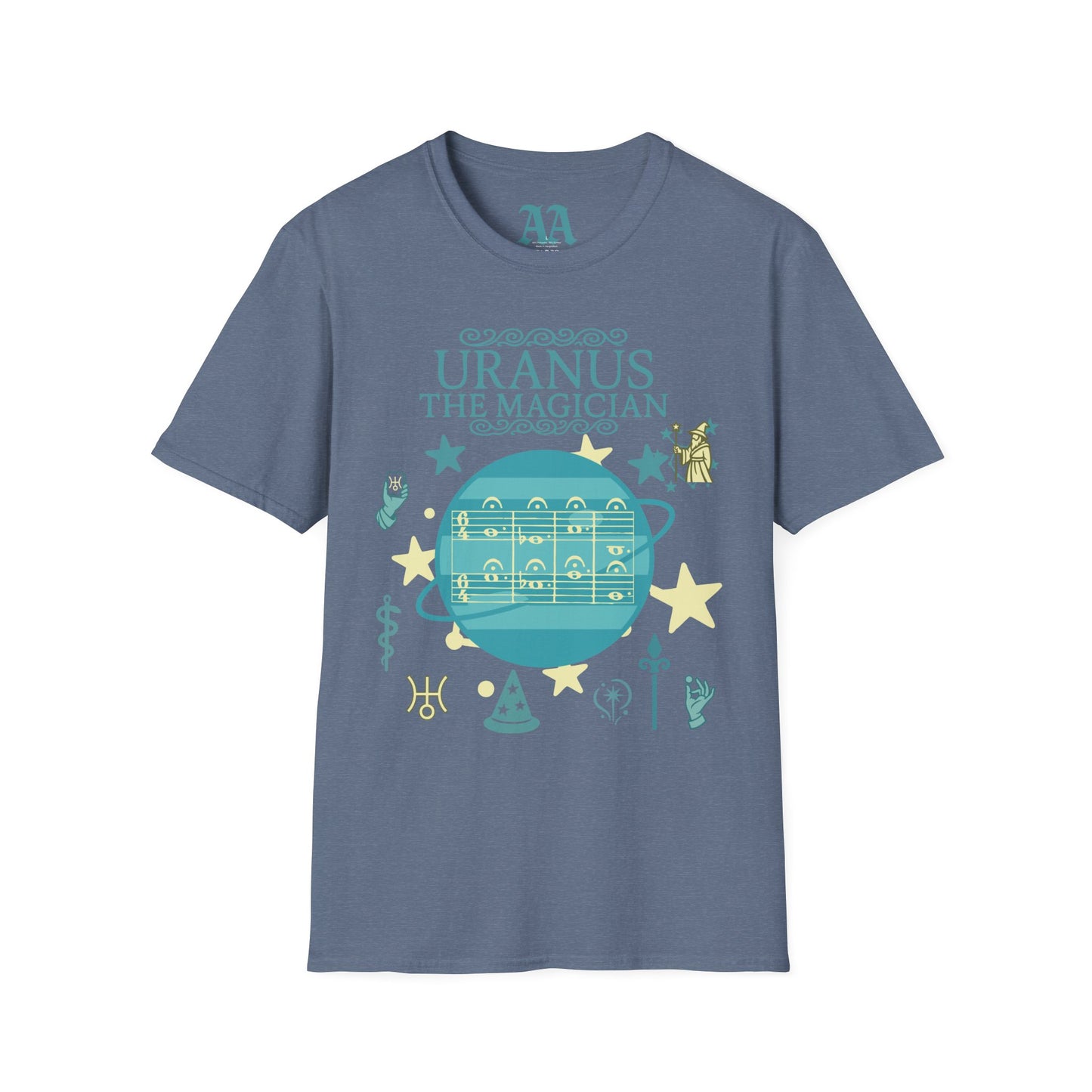 Holst Uranus sheet music astrological symbols T Shirt__Heather Indigo__hanging