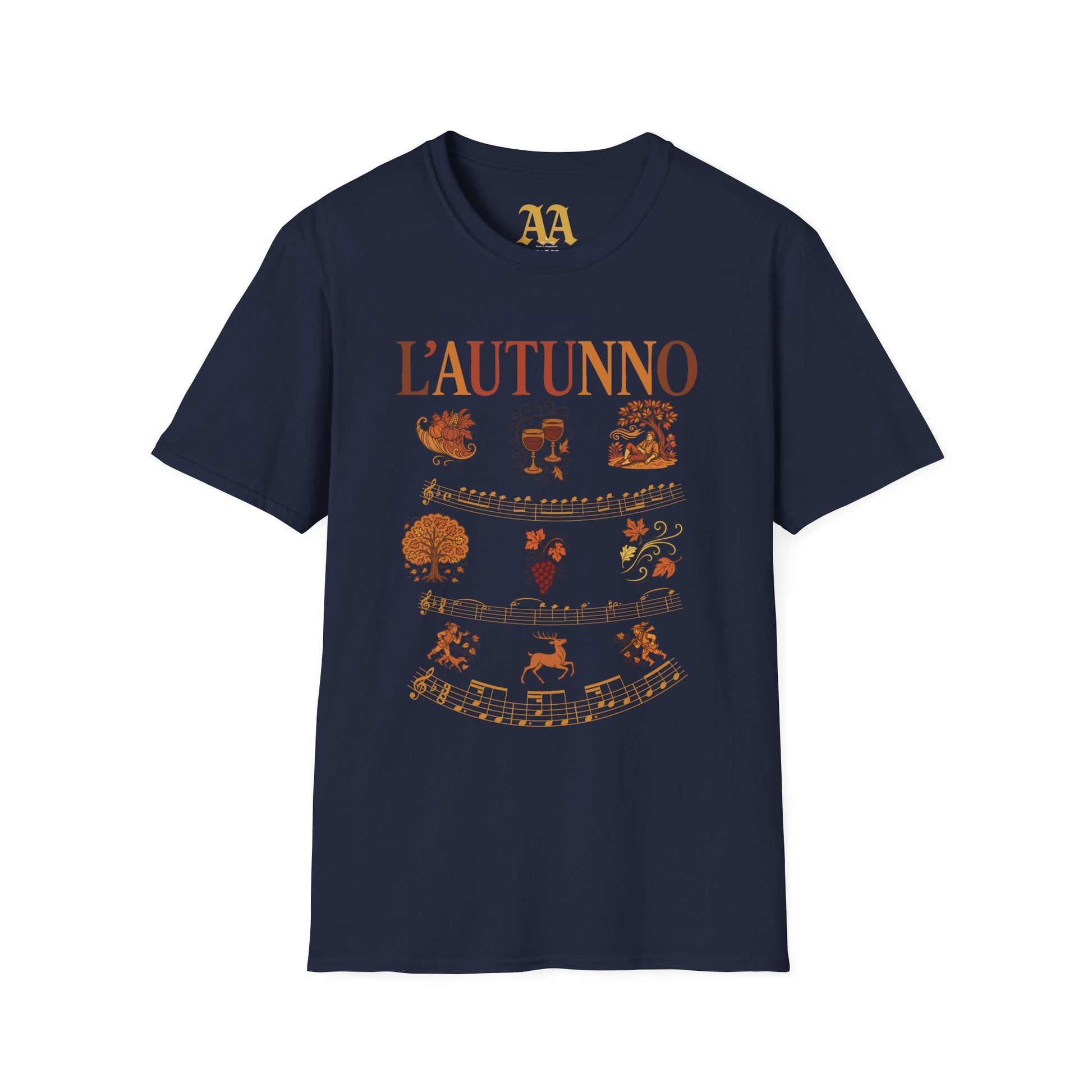 Vivaldi Autumn T Shirt with musical excerpts and images depicting the season T Shirt__Navy__hanging