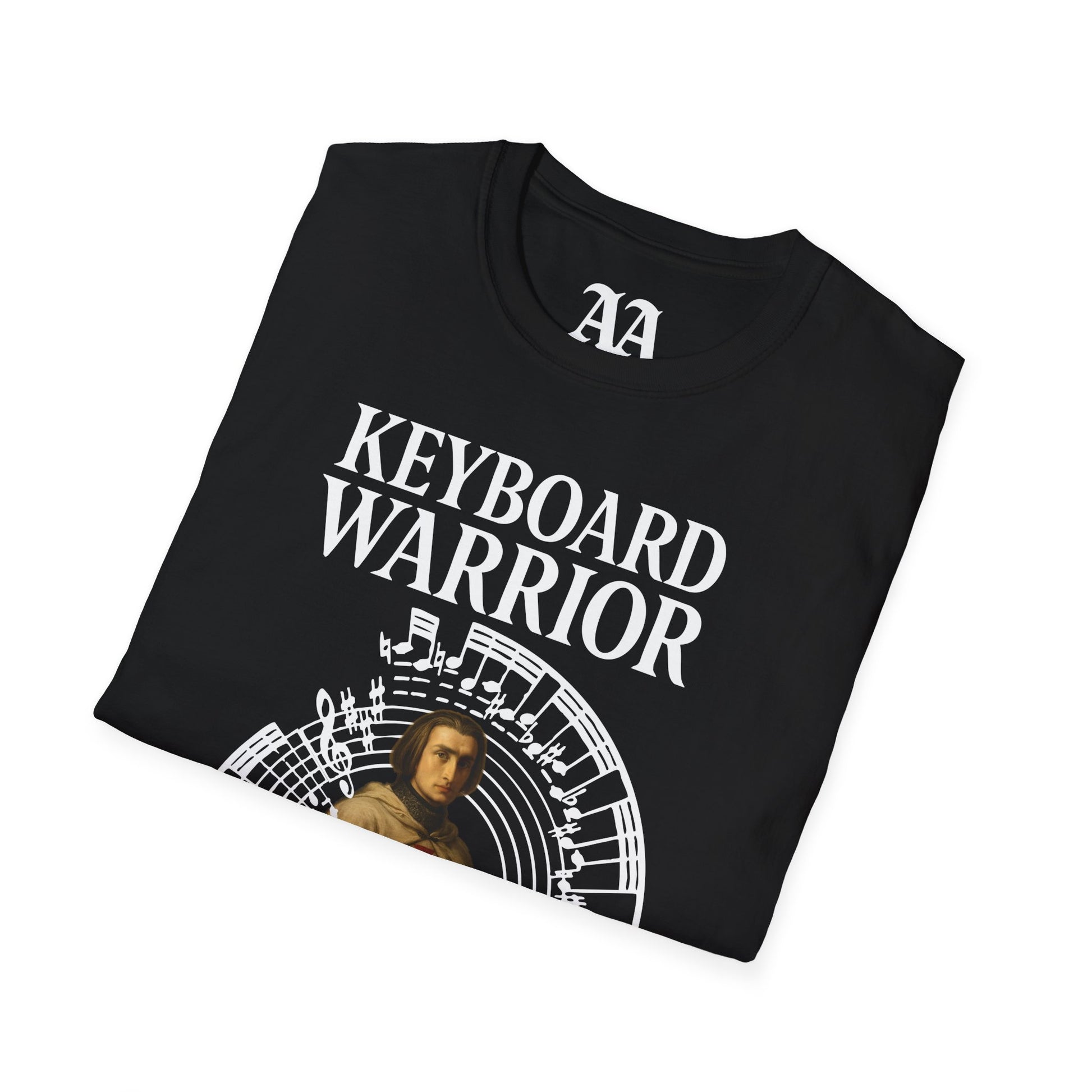 Franz Liszt Keyboard Warrior dressed as a Knights Templar circled by excerpt from his Mephisto Waltz number 1 T Shirt__Black__folded